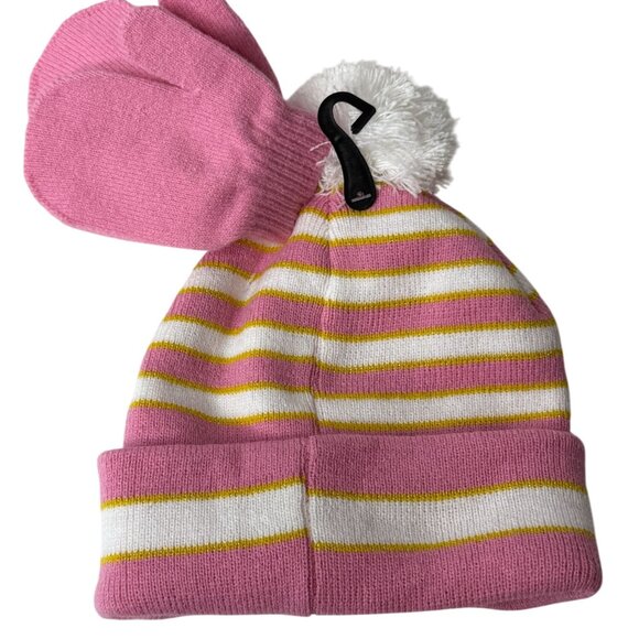 Girls Peppa Pig Winter Hat Gloves Set Pink White Stripe Pom Pom Beanie - Picture 2 of 3